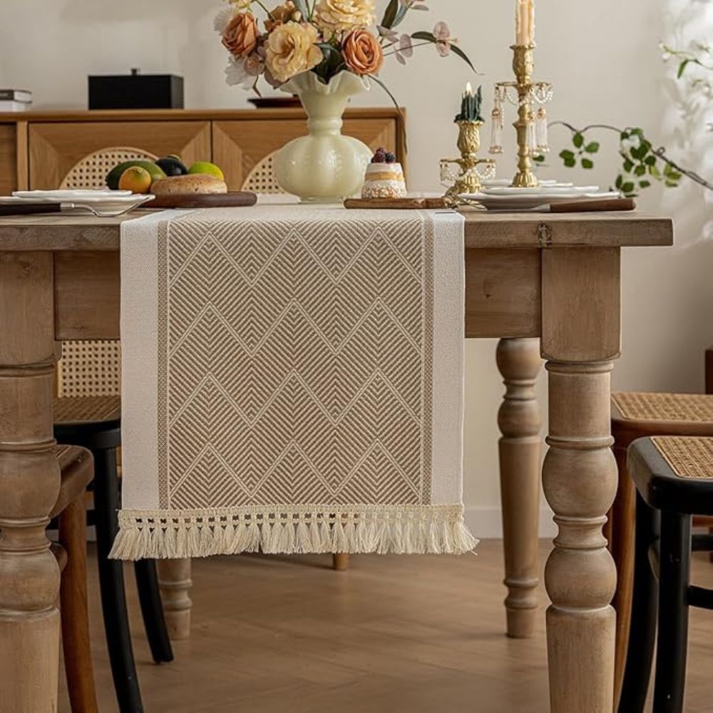 Woven Chevron Table Runner with Tassels - Microfibre