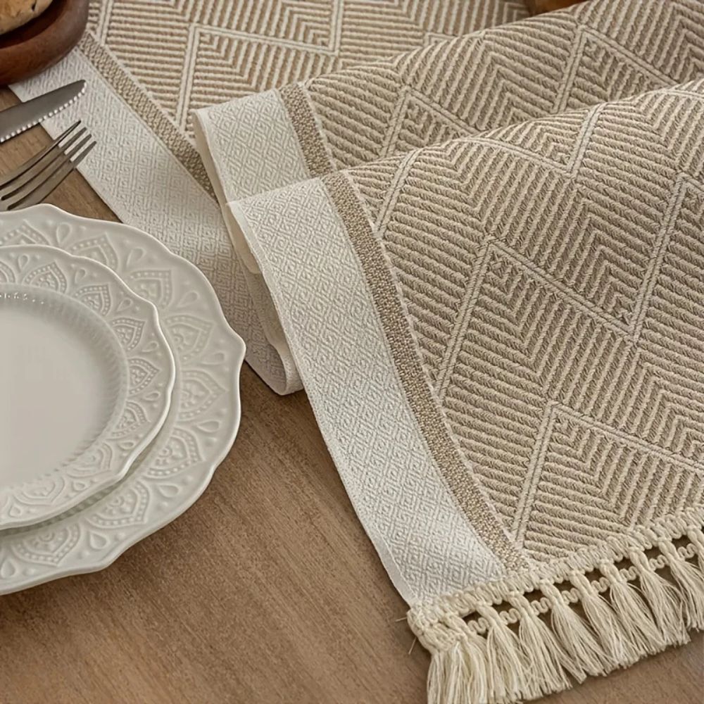 Woven Chevron Table Runner with Tassels - Microfibre
