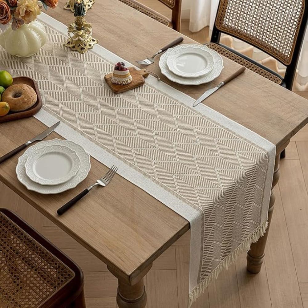 Woven Chevron Table Runner with Tassels - Microfibre