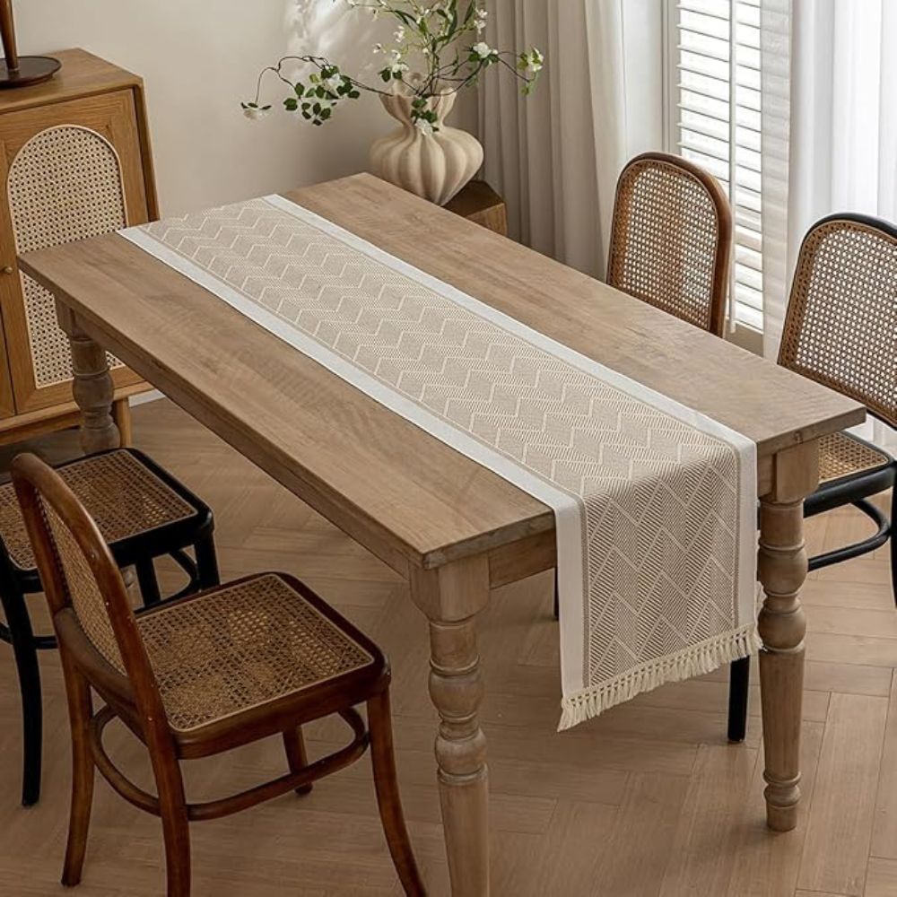 Woven Chevron Table Runner with Tassels - Microfibre