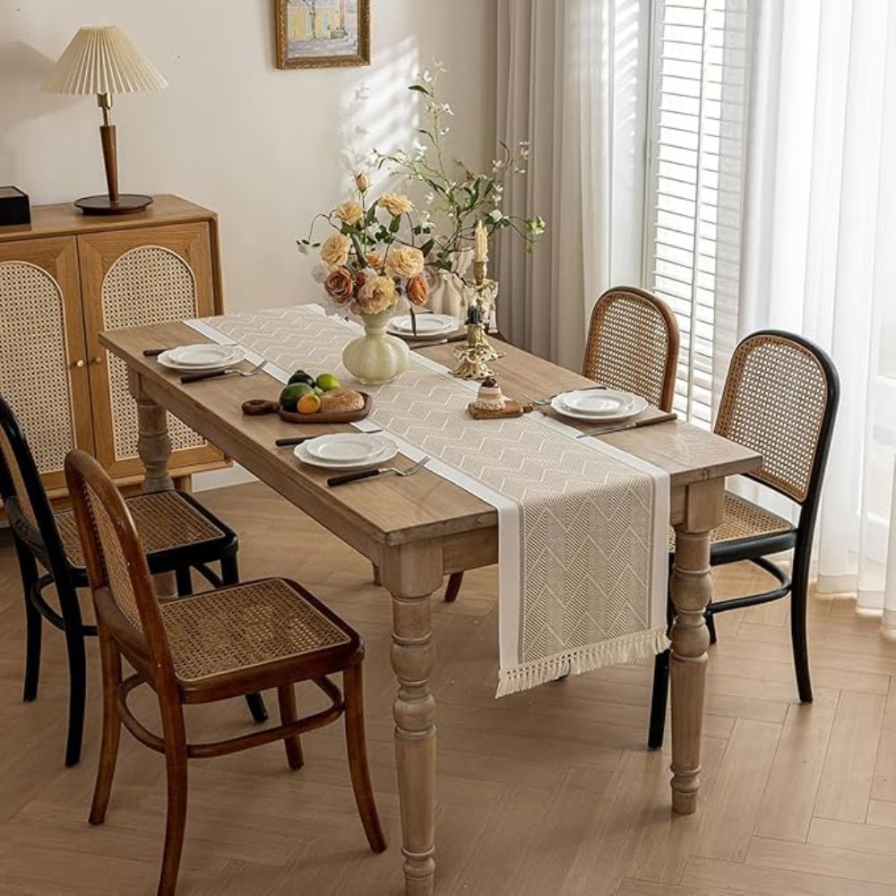 Woven Chevron Table Runner with Tassels - Microfibre