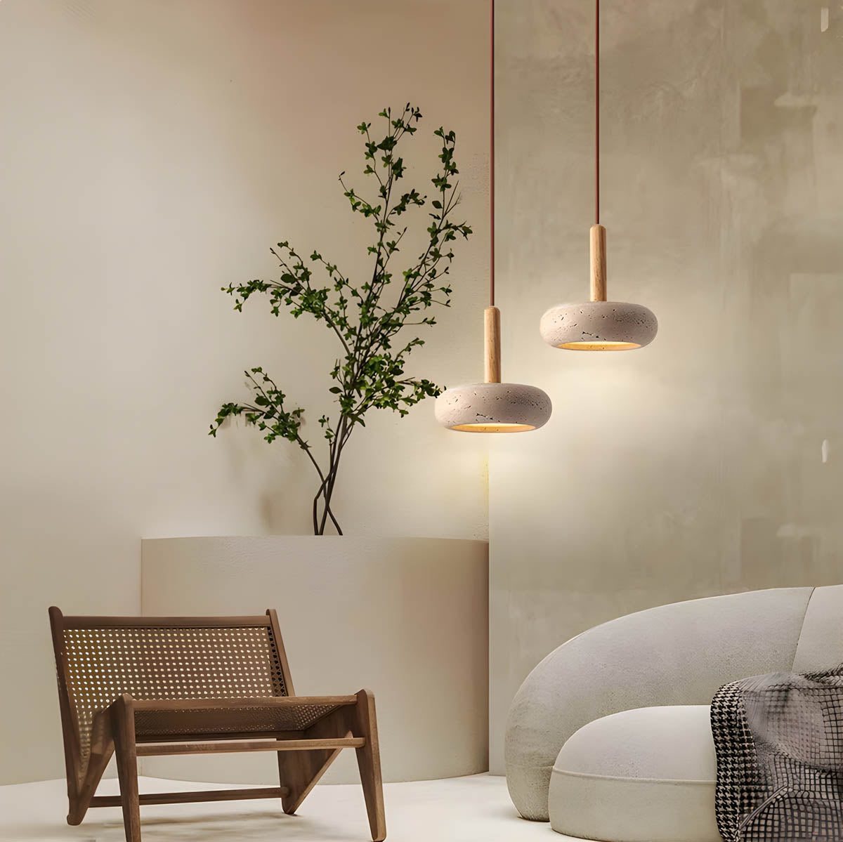 Yellow Travertine Pendant Lamp — Stone Fixture, Warm Glow